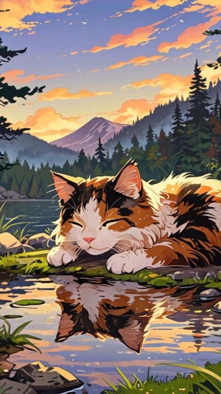 Hình nền điện thoại ảnh mèo anime cute đáng yêu 