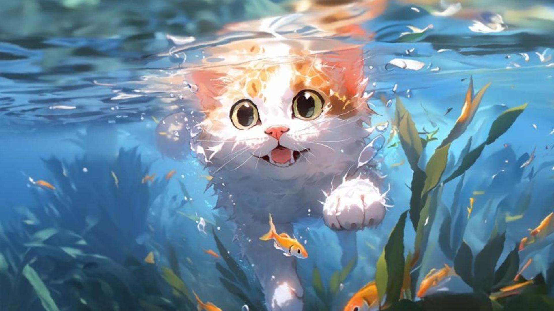 Hình nền mèo chibi cute cho máy tính siêu đáng yêu 