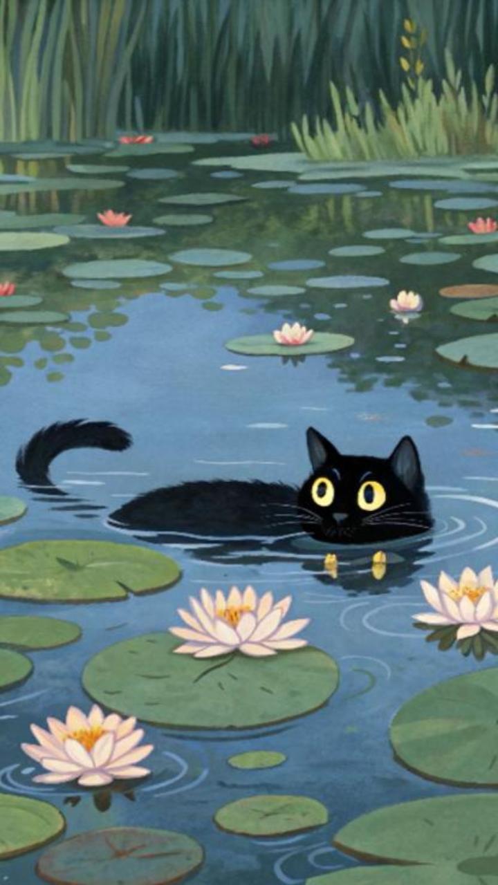 Hình nền mèo đen anime cute cho điện thoại 