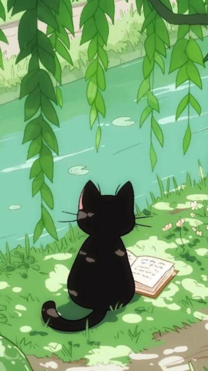 Hình nền mèo đen anime cute cho điện thoại 